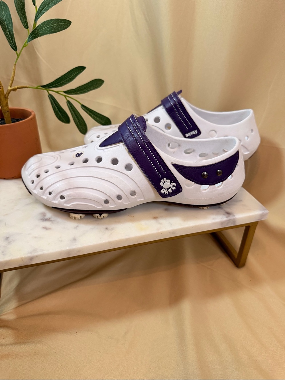 Dawgs White Clog with Purple Strap and Paw Accent